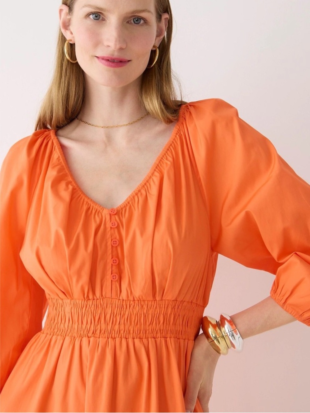 J. Crew Bright Orange Smocked-Waist 💯 Cotton Midi Dress NWOT - Picture 8 of 8
